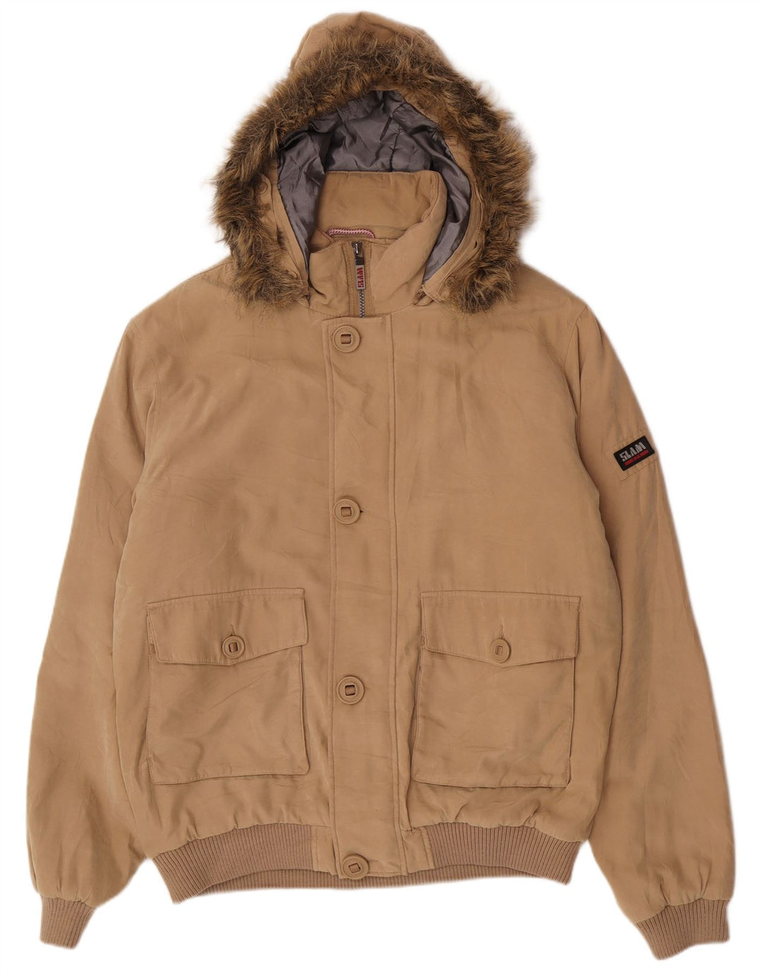 Slam Herre Hooded Bomber Windbreaker Jacket UK 42 XL Beige Polyester