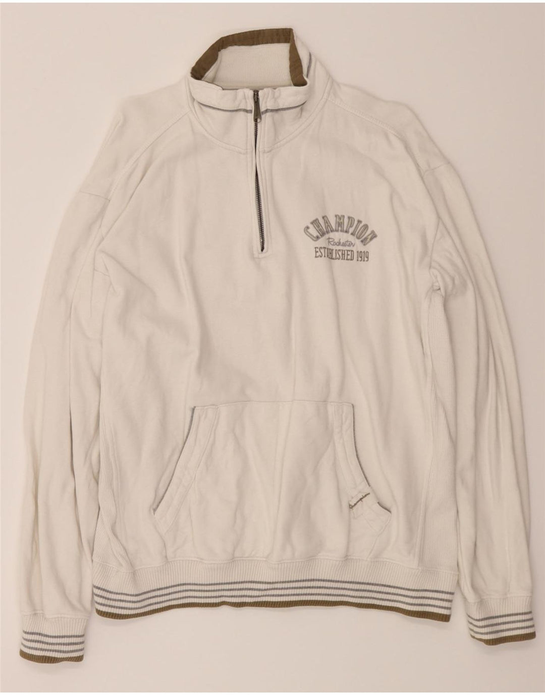 CHAMPION Mens Rochester Graphic Zip Neck Sweatshirt Jumper 2XL White Vintage Champion and Second-Hand Champion from Messina Hembry 