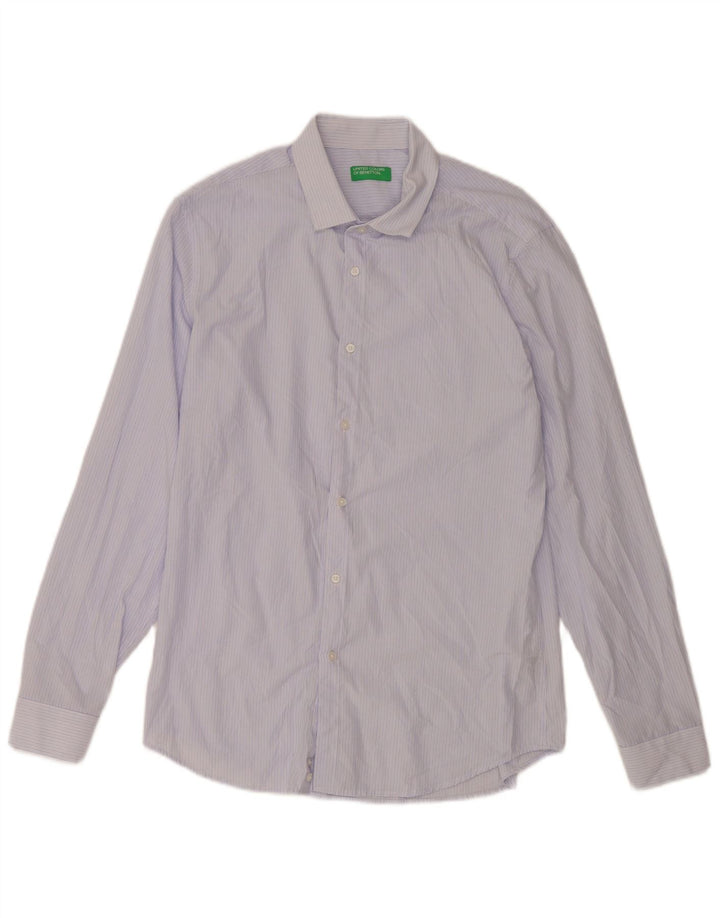 Benetton herreskjorte stor blå nålestribet viskose