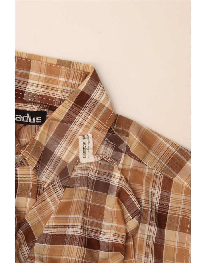 Vintage kortærmet herreskjorte lille brun ternet polyester