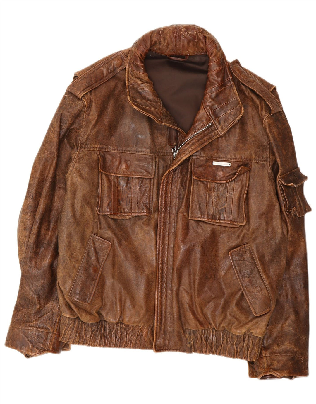 Vintage Herre Militær Hætte Læderjakke IT 54 2XL Brun
