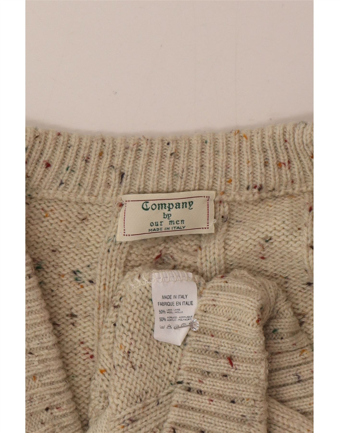 Vintage cardigan sweater til mænd, stor beige flækket uld