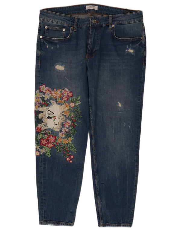 Zara Dame Graphic Straight Jeans EU 42 Large W32 L27 Blue Floral Bomuld