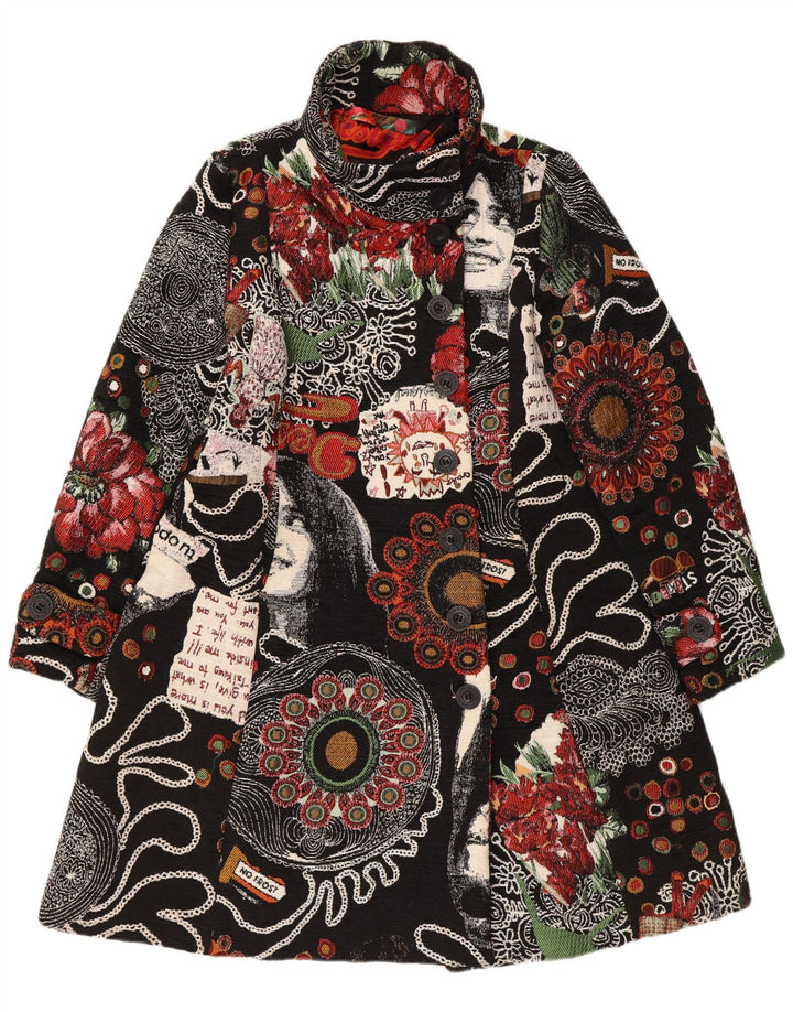Desigual kvinders abstrakt mønster overfrakke EU 46 XL sort blomstret polyester