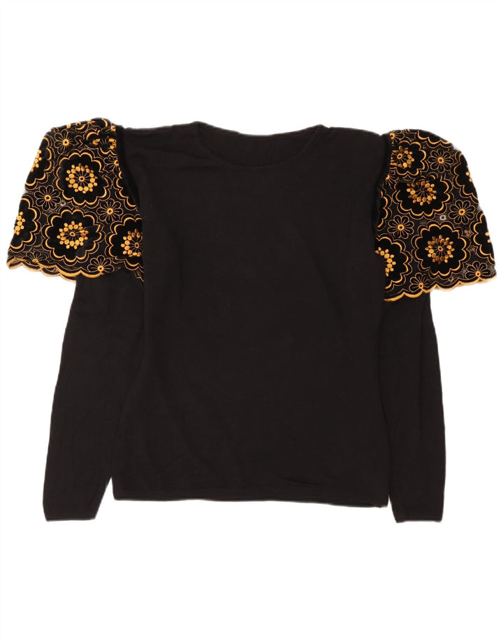 Vintage Dame Langærmet Bluse Top UK 12 Medium Black Floral