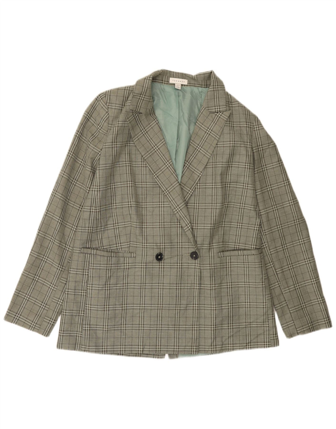 Topshop Dame Høj Dobbeltradet Blazer Jacket UK 12 Medium Green Check