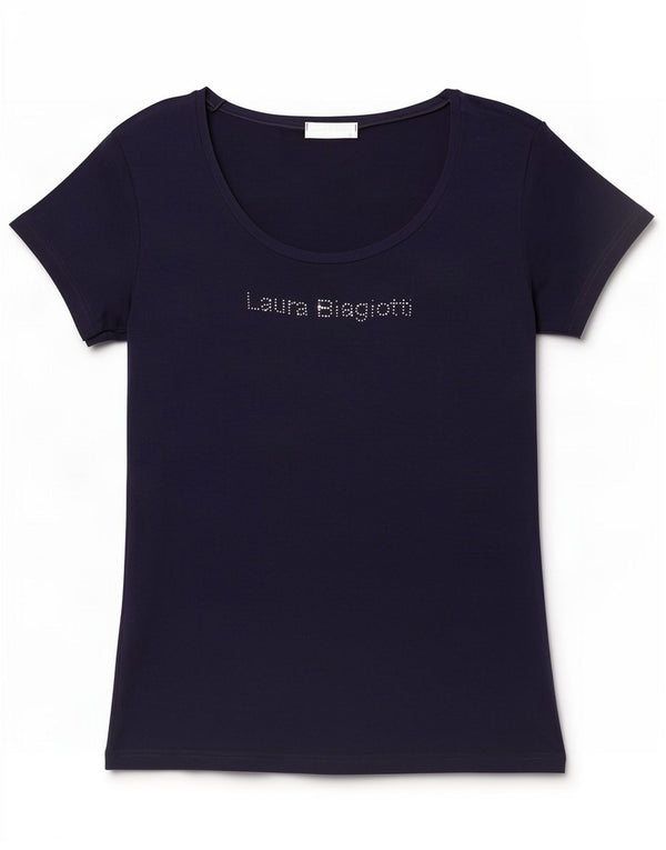 Laura Biagiotti Dame Grafisk T-Shirt Top IT 46 Large Navy Blue Viscose