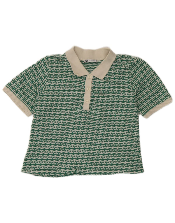 Zara Womens Crop Polo Neck Jumper Sweater UK 12 Medium Green Geometric