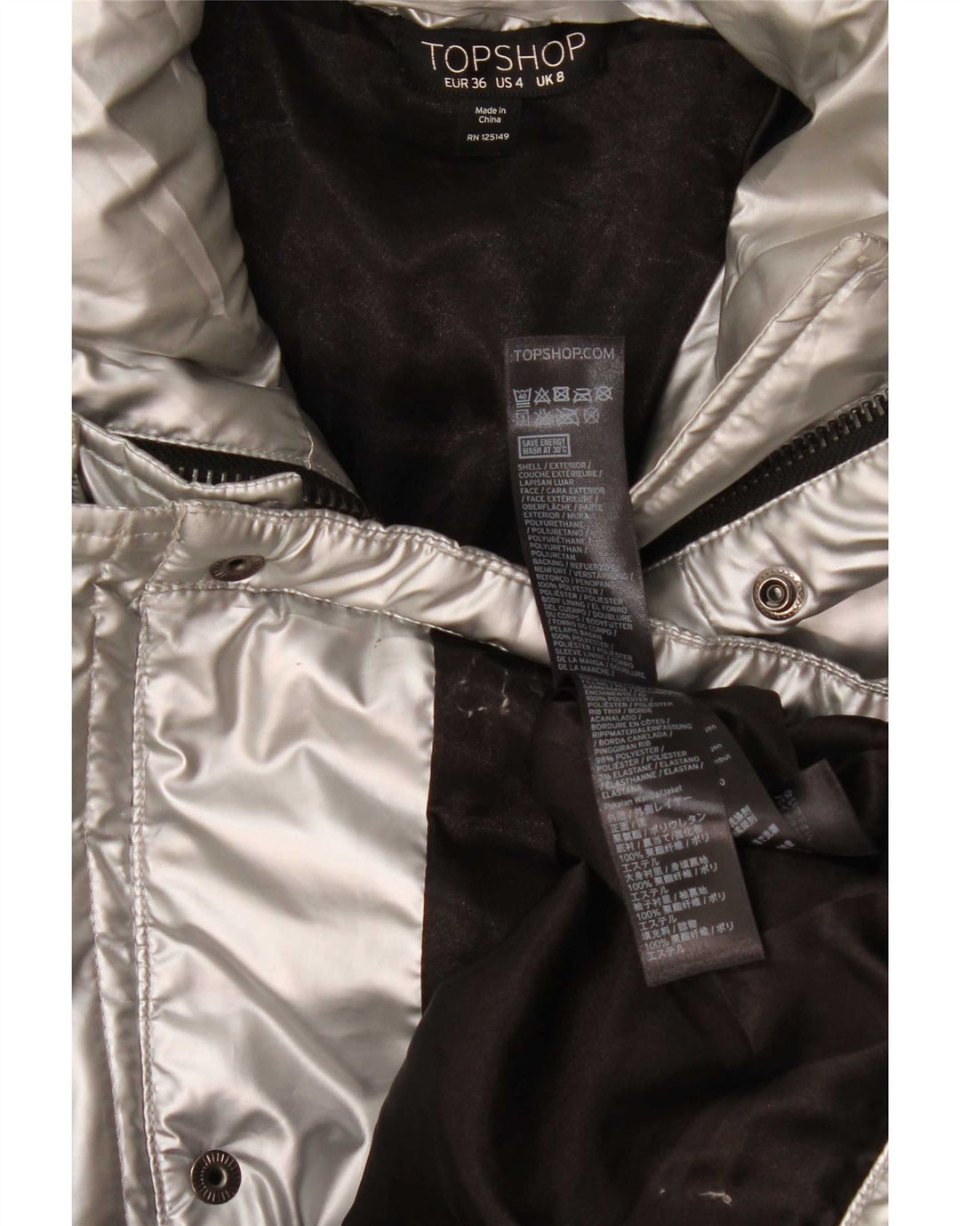 Topshop Dame Oversized Polstret Jakke UK 8 Small Silver Polyethylene