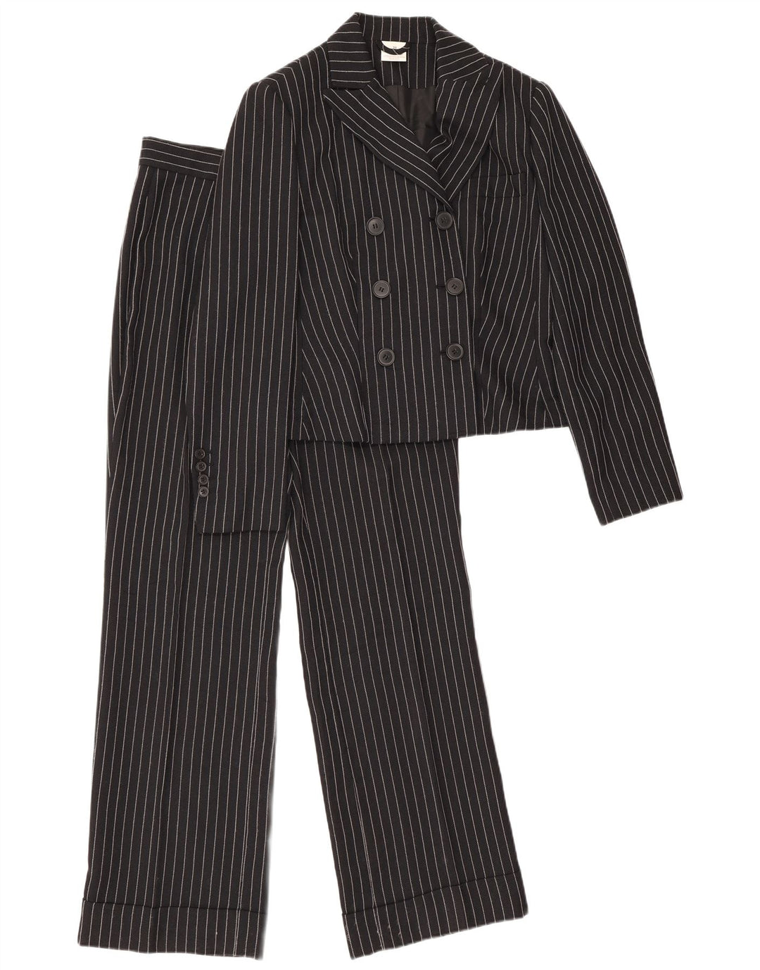 Vintage 2-delt jakkesæt til kvinder UK 12 Medium W28 L30 sort stribet