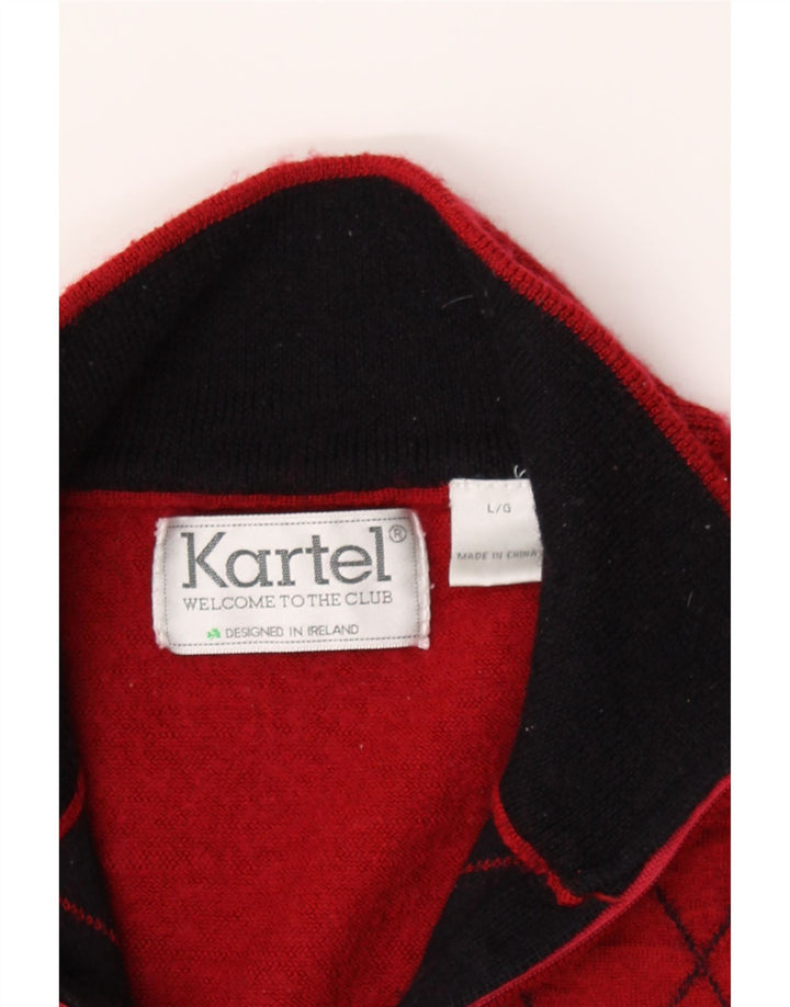 KARTEL Mens Zip Neck Jumper Sweater Large Red Argyle/Diamond Wool Vintage Kartel and Second-Hand Kartel from Messina Hembry 