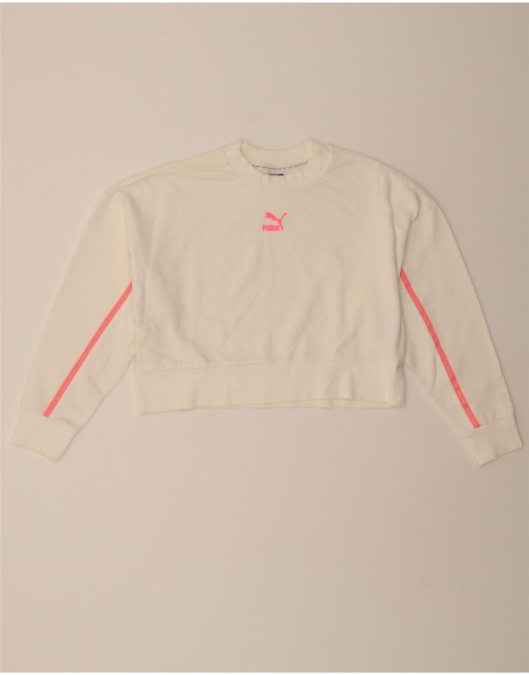 PUMA Womens Crop Sweatshirt Jumper UK 10 Small White Striped Cotton Vintage Puma and Second-Hand Puma from Messina Hembry 