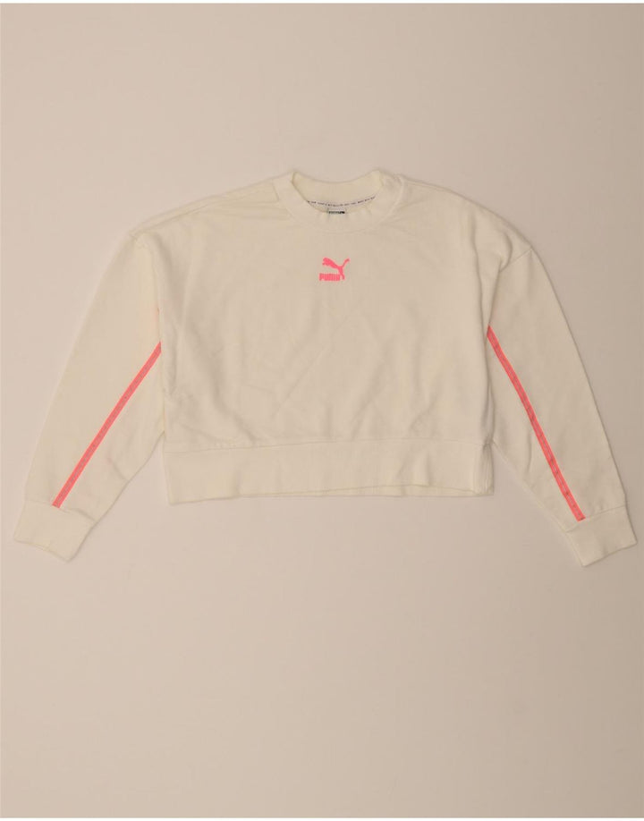 PUMA Womens Crop Sweatshirt Jumper UK 10 Small White Striped Cotton Vintage Puma and Second-Hand Puma from Messina Hembry 