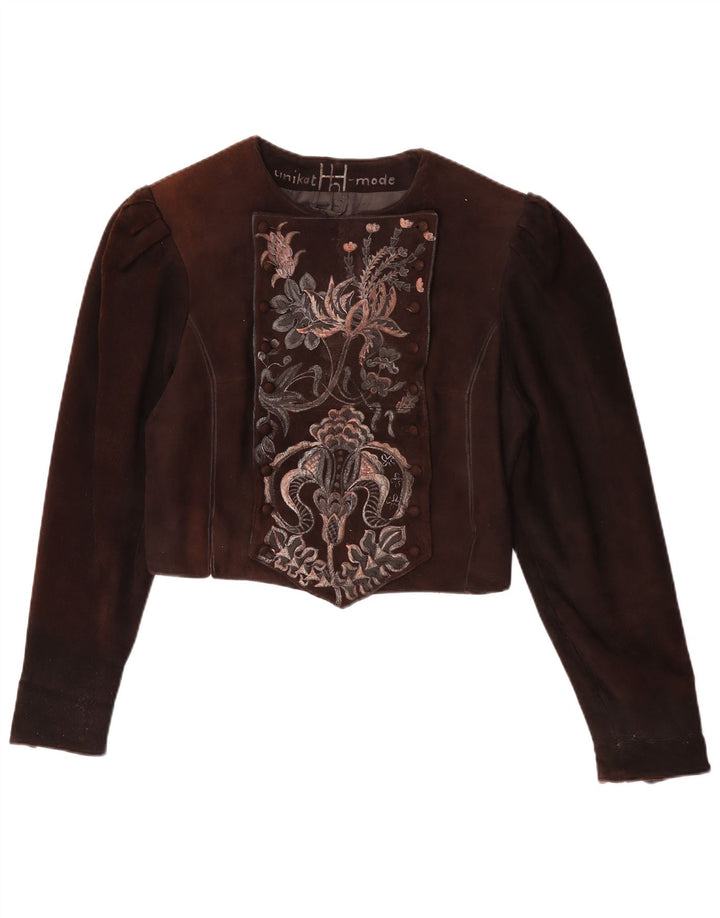 Vintage Dame Crop Ruskindsjakke UK 14 Medium Brown Floral