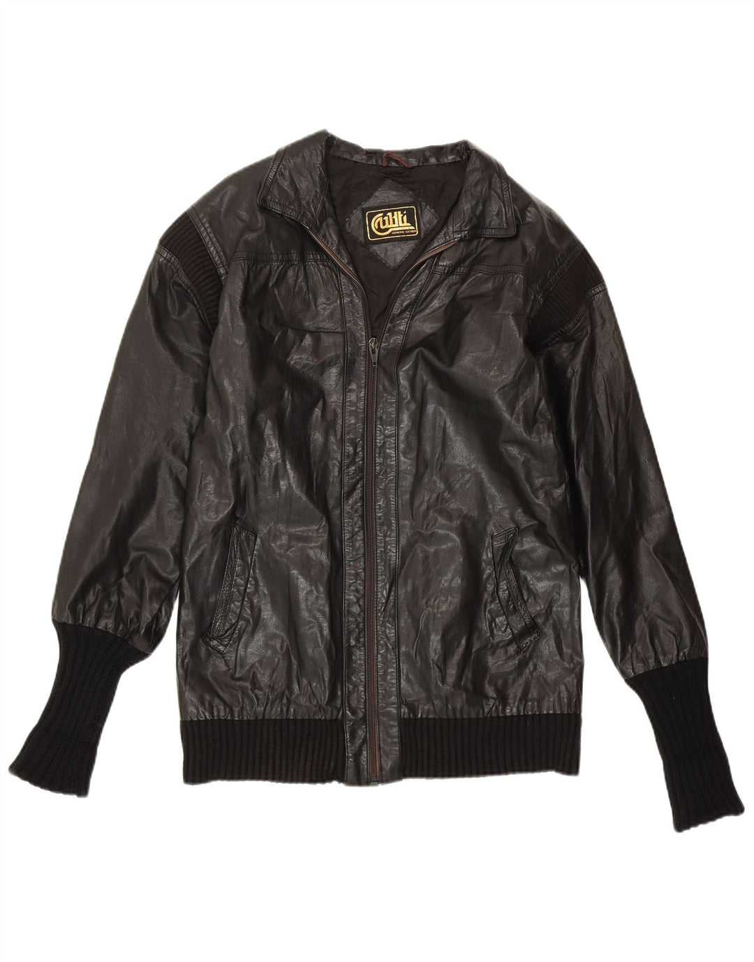 VINTAGE Dame Læderjakke UK 14 Medium Sort Læder