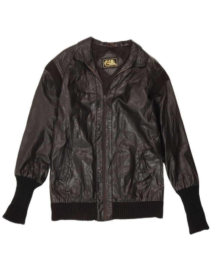 VINTAGE Dame Læderjakke UK 14 Medium Sort Læder