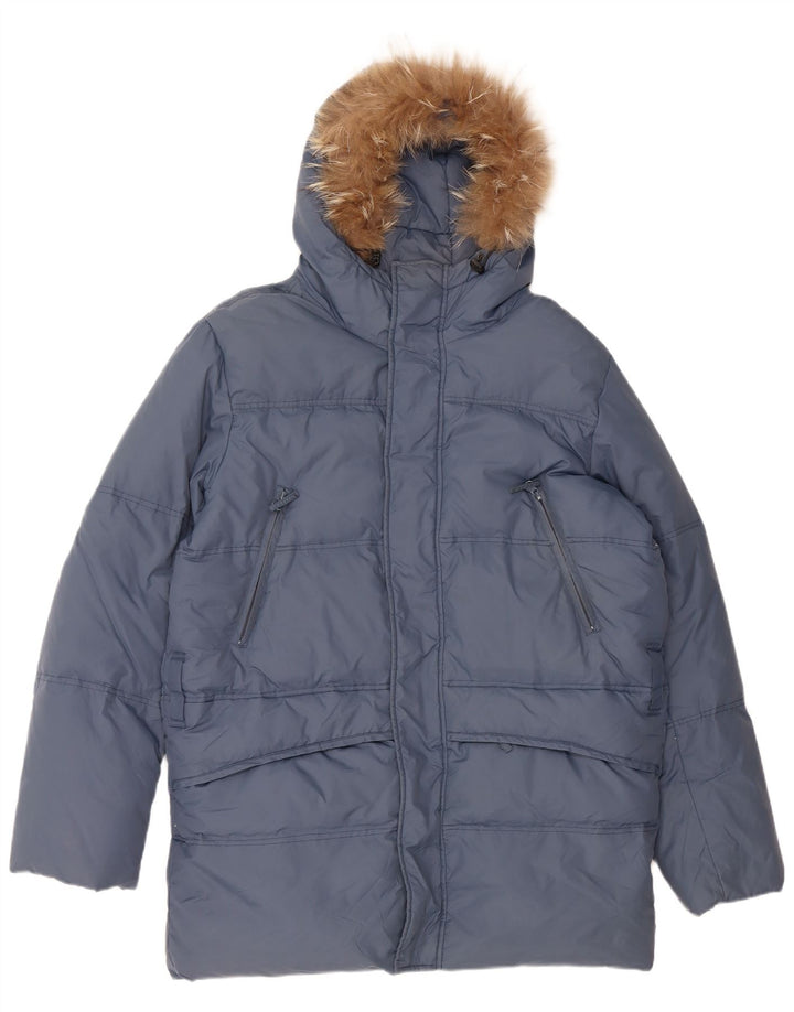 VINTAGE Herre Loose Fit, hættepolstret frakke UK 36 Lille blå nylon