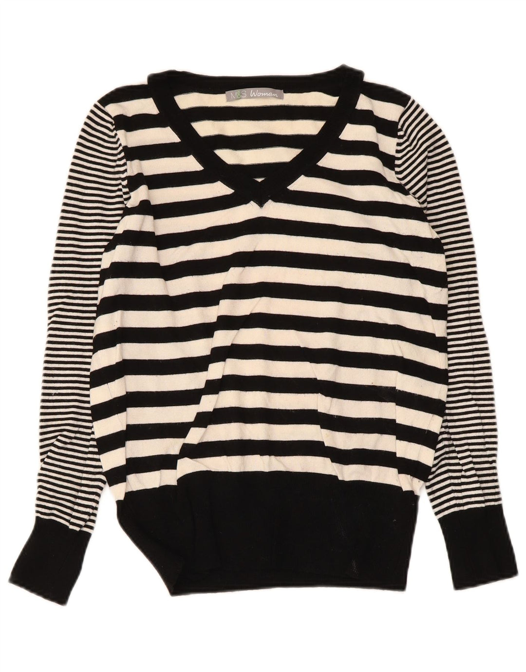 Marks & Spencer Dame V-hals sweater UK 10 Lille sort stribet