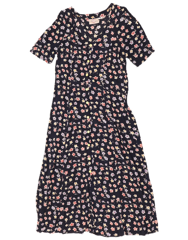 Vintage Dame Maxi Shirt Dress UK 14 Medium Navy Blue Floral Viscose