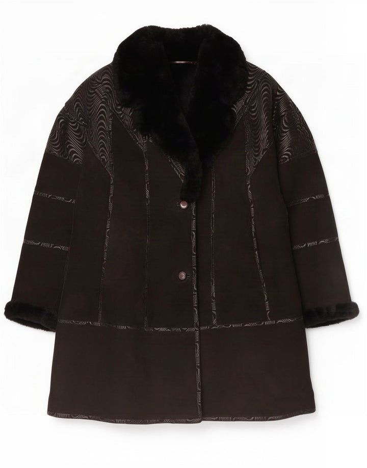 Vintage Dame Shearling Coat EU 44 XL Sort Geometrisk