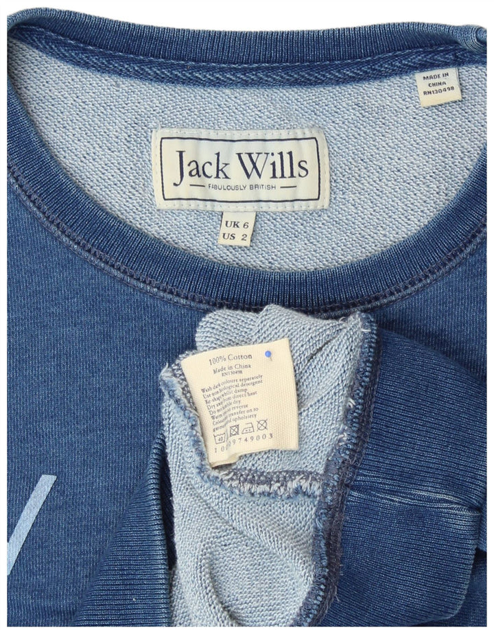 JACK WILLS Dame Grafisk Sweatshirt Jumper UK 6 XS Blå Bomuld