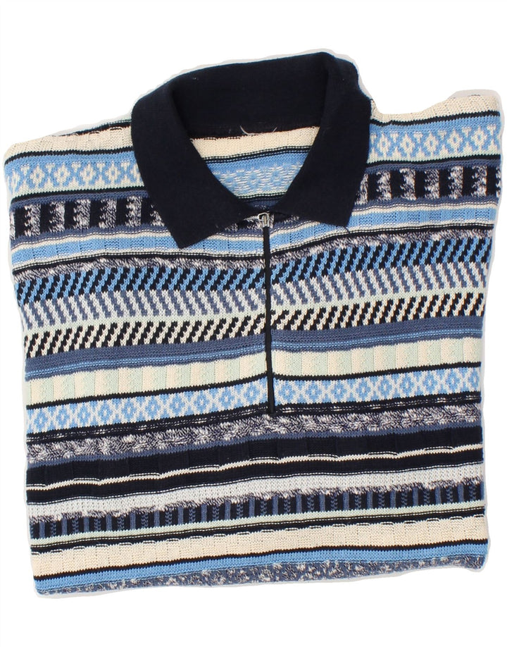 VINTAGE Herre Polo Neck Jumper Sweater Stor Blå Stribet