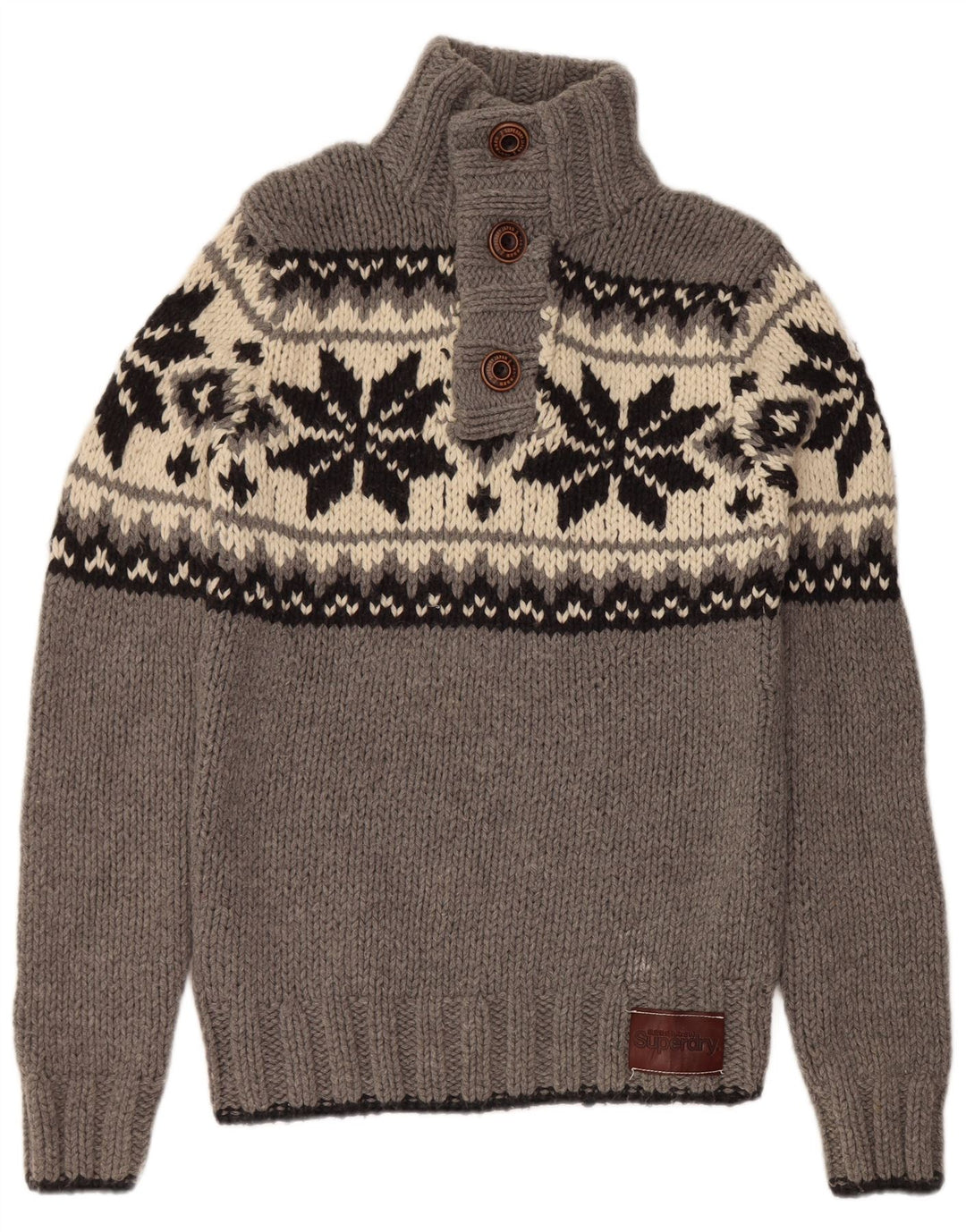 SUPERDRY Herre Button Neck Jumper Sweater Large Grey Fair Isle Wool