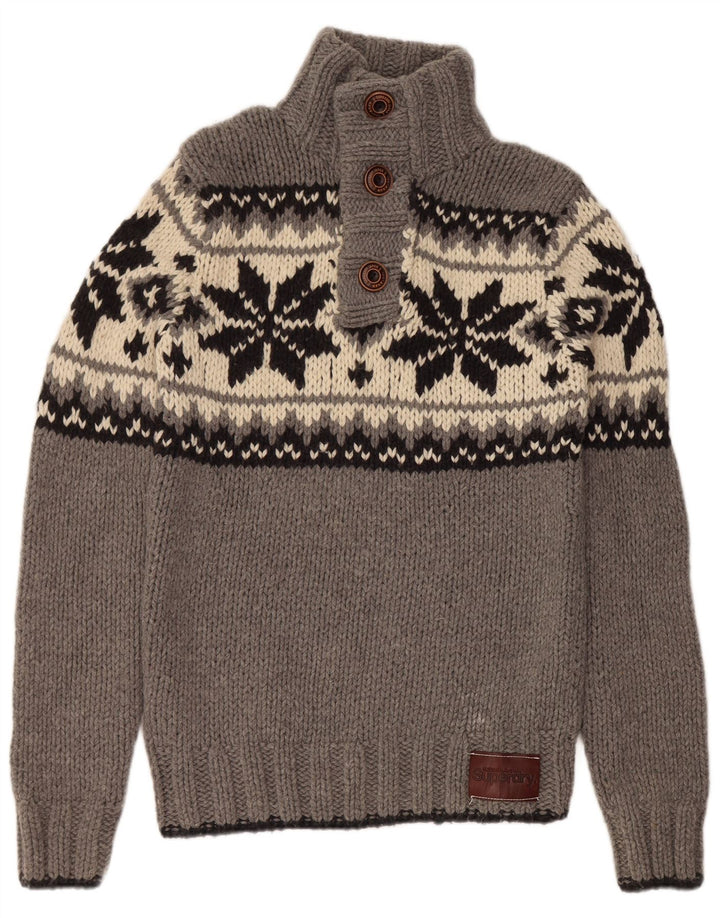 SUPERDRY Herre Button Neck Jumper Sweater Large Grey Fair Isle Wool