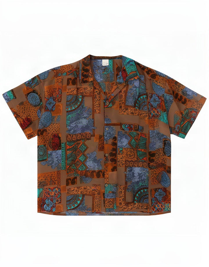 Vintage kvinders kortærmet skjortebluse UK 20 2XL brun patchwork silke