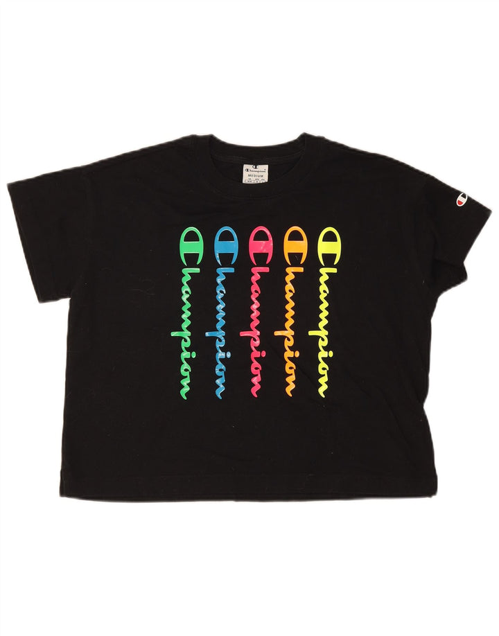 Champion Womens Crop Grafisk T-Shirt Top UK 14 Medium Sort