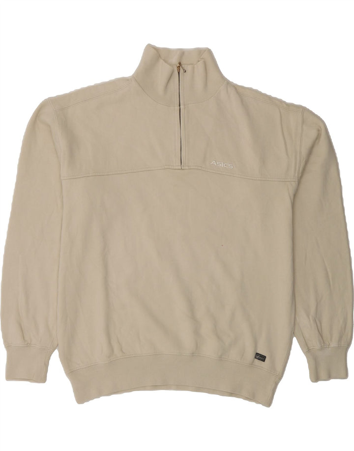 ASICS Mens Zip Neck Sweatshirt Jumper Medium Beige Cotton Vintage Asics and Second-Hand Asics from Messina Hembry 