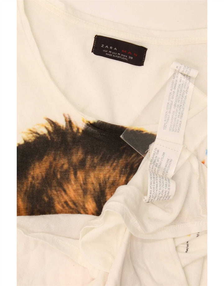 Zara Herre Grafisk T-Shirt Top Medium Hvid Bomuld