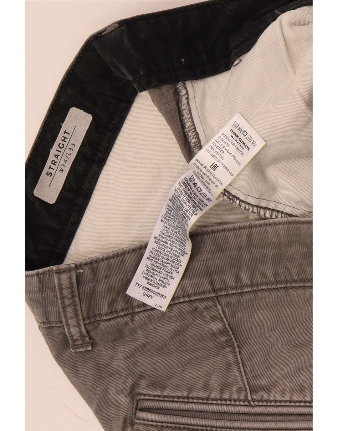 Marks & Spencer Straight Chino-bukser til mænd W34 L33 Grå bomuld
