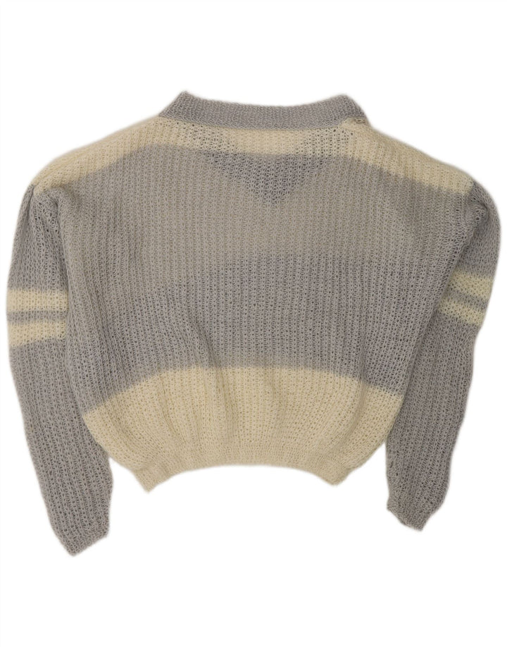 VINTAGE Dame V-hals sweater UK 20 2XL Off White Colourblock