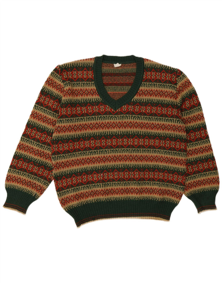 Vintage herre V-hals sweater mellemgrøn stribet uld