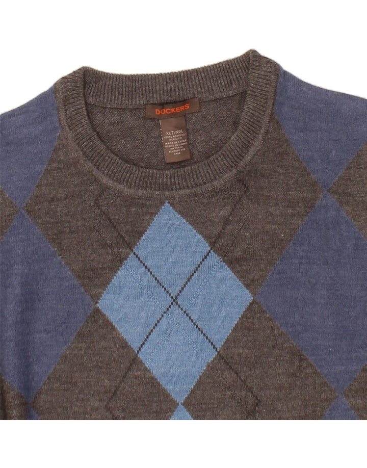 DOCKERS Mens Crew Neck Jumper Sweater XL Grey Argyle/Diamond Acrylic Vintage Dockers and Second-Hand Dockers from Messina Hembry 