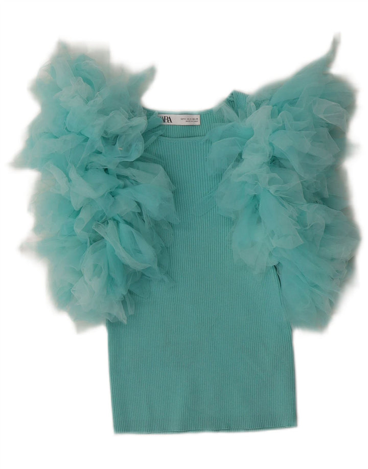 Zara Womens Crop Bluse Top UK 8 Small Turkis Viscose