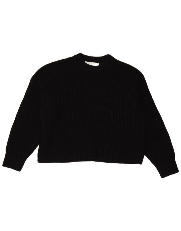 Zara Womens Crop Oversized Crew Neck Jumper Sweater UK 10 Small Black