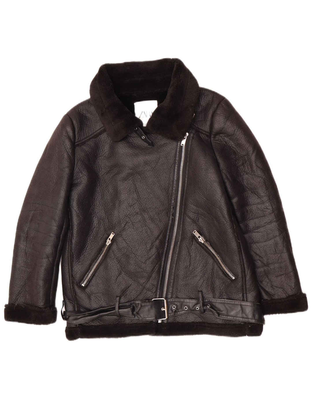 Zara Sherpa-jakke i imiteret læder til kvinder UK 14 Medium Sort polyurethan