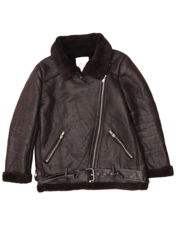 Zara Sherpa-jakke i imiteret læder til kvinder UK 14 Medium Sort polyurethan