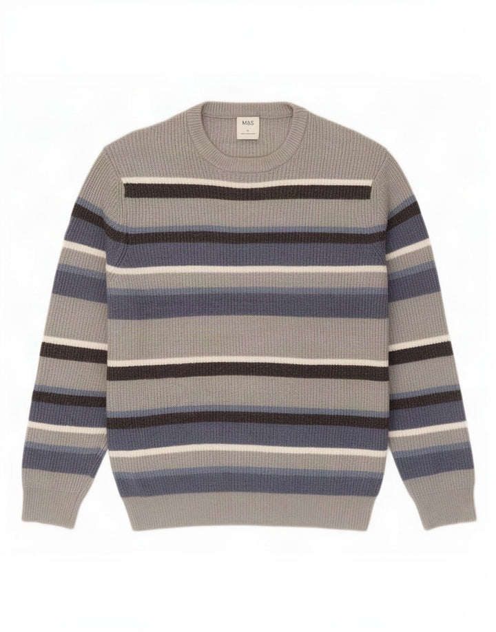 Marks & Spencer Herre sweater med rund hals, stor grå stribet polyester