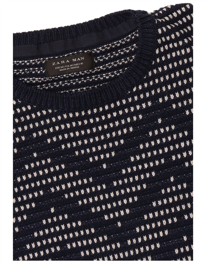 Zara Herre Crew Neck Jumper Sweater Medium Navy Blue Geometrisk