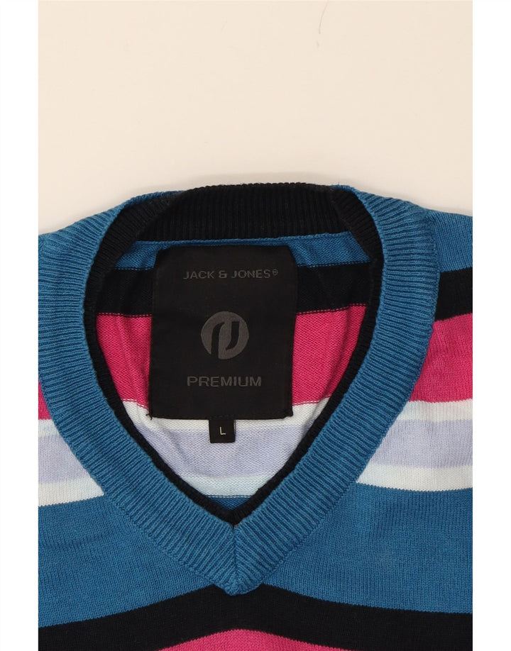 JACK & JONES Mens V-Neck Jumper Sweater Large Blue Striped Cotton Vintage Jack & Jones and Second-Hand Jack & Jones from Messina Hembry 