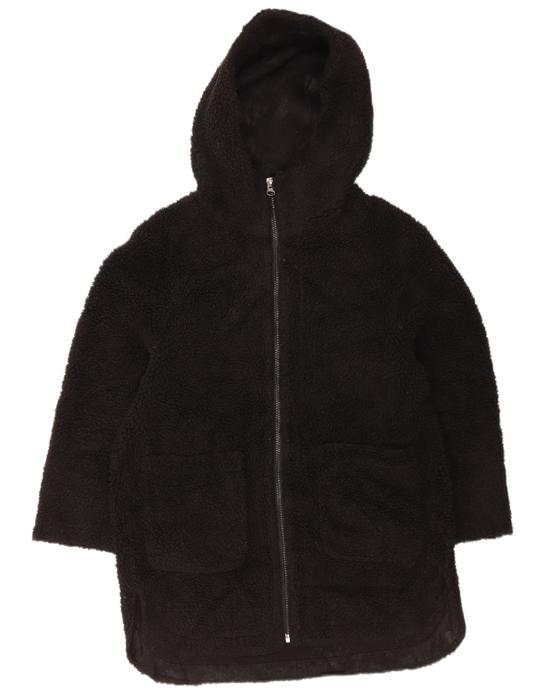 Zara Dame Hætte Oversized Fleecejakke UK 6 XS Sort Polyester