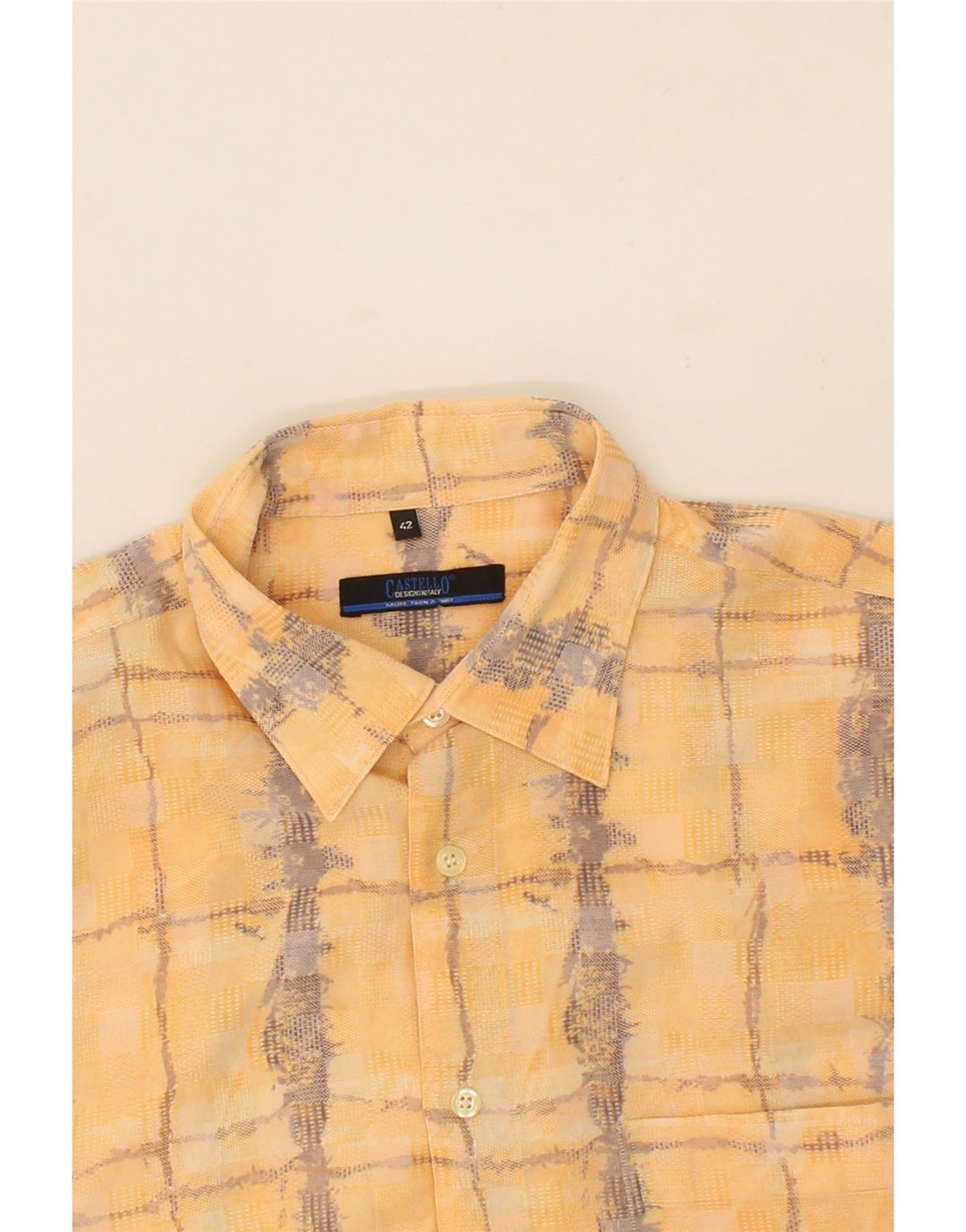 CASTELLO Mens Short Sleeve Shirt Size 42 Large Yellow Check Polyester Vintage Castello and Second-Hand Castello from Messina Hembry 