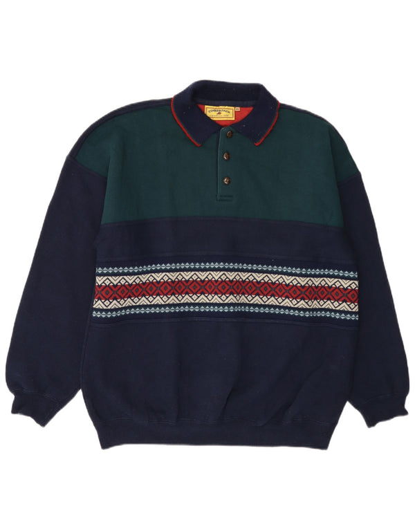 VINTAGE Herre polo-hals sweater XL marineblå Colourblock Akryl
