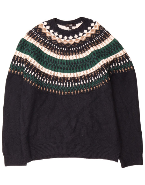 Marks & Spencer Herre Boat Neck Jumper Sweater 2XL Black Fair Isle Akryl