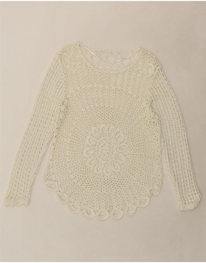 VINTAGE Womens Top Long Sleeve UK 14 Medium White Vintage Vintage and Second-Hand Vintage from Messina Hembry 