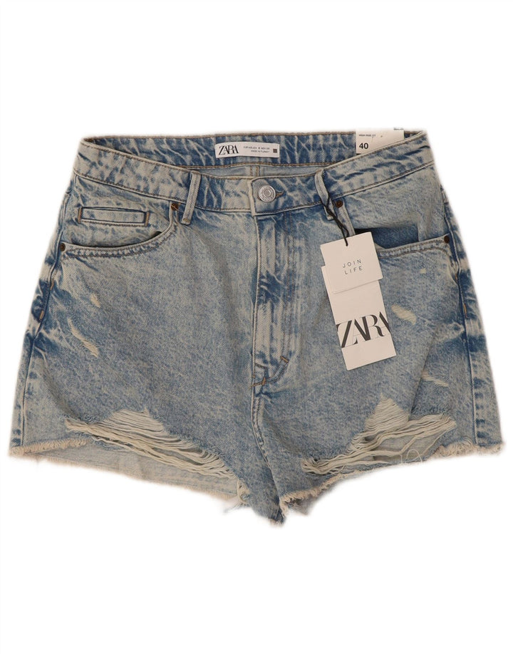 ZARA Dames Distressed Denim Shorts EU 40 Medium W30 Blue Cotton
