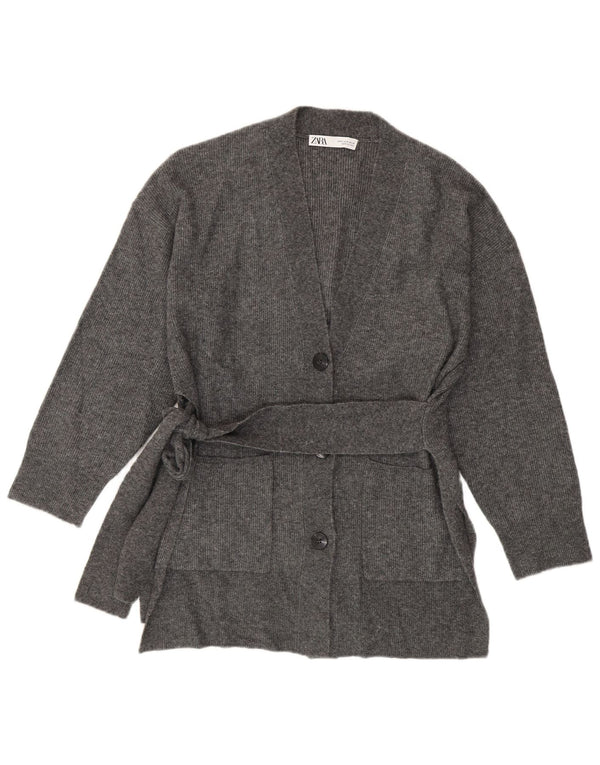 ZARA Dame Loose Fit Longline Cardigan Sweater UK 10 Small Grå Akryl